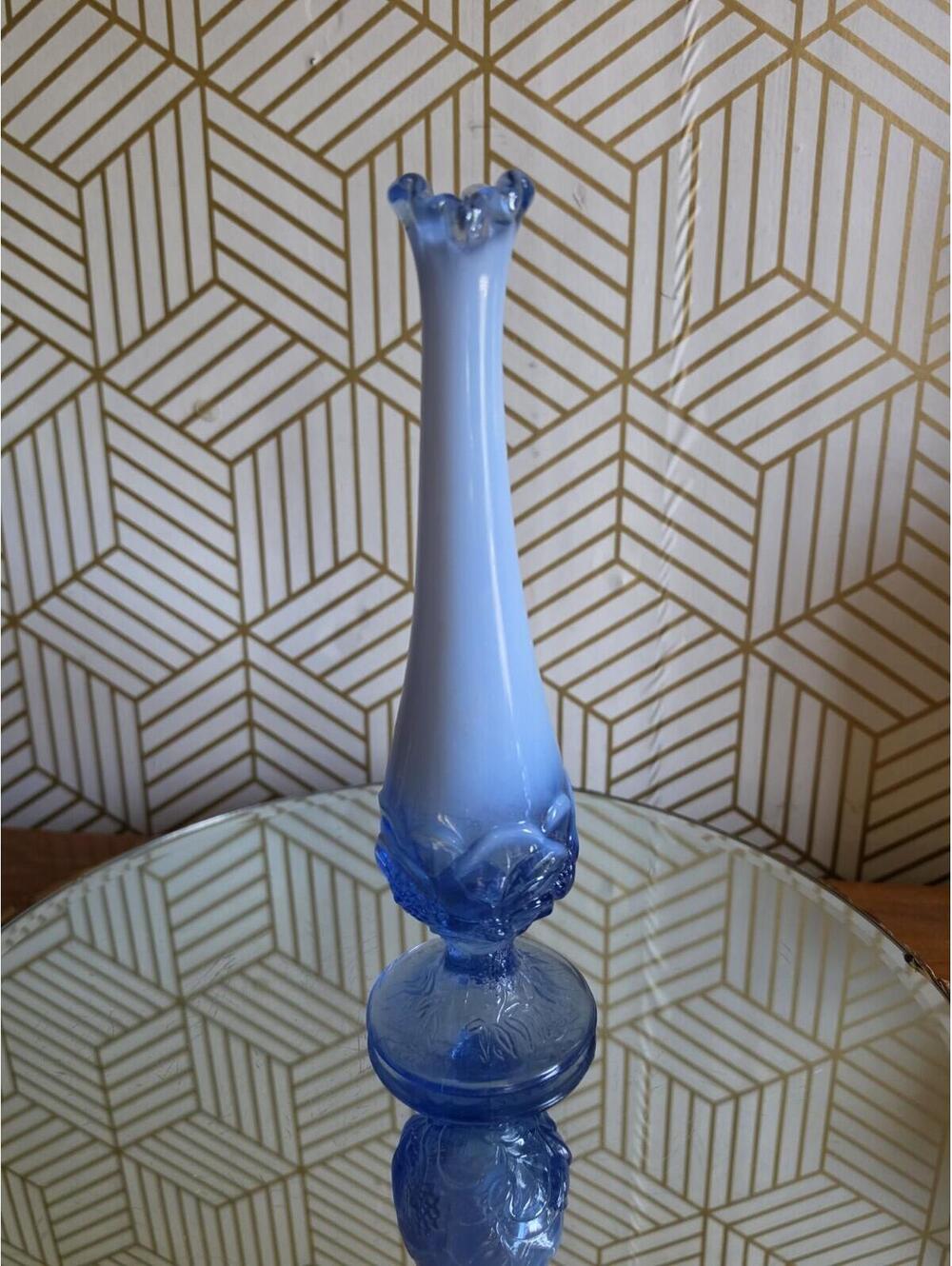 Vintage Tiara Periwinkle Blue Opalescent Swung Bud Vase 9.5"